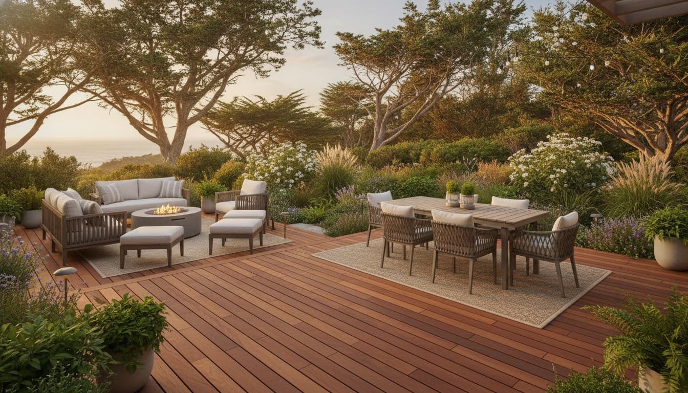 A finished backyard cedar deck styled with outdoor dining and lounge furniture in evening light.
