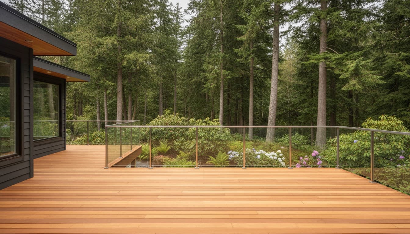 A newly built cedar deck with a glass-panel railing on a West Coast home, backing onto tall evergreens.