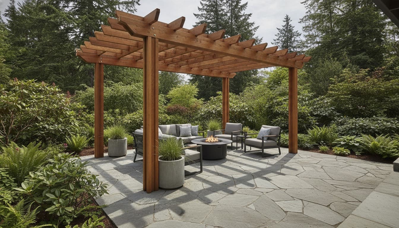 A modern cedar pergola over a stone patio casting shadow patterns in a lush West Coast garden.